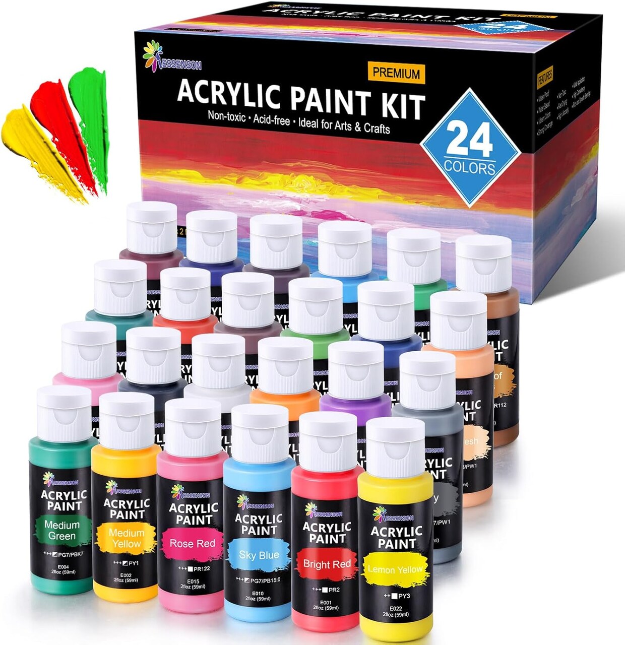 Acrylic Paint, 24 Colors Acrylic Paint Set, 2oz/59ml Bottles, Premium Acrylic Paints for Artists, Kids, Beginners and Adults on Canvas Rocks Wood Ceramic Fabric